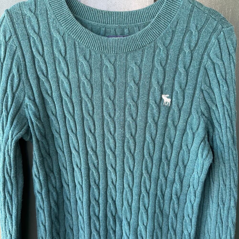 Y2K Abercrombie & Fitch Cable Knit Sweater M Teal Moose Logo Preppy Pullover